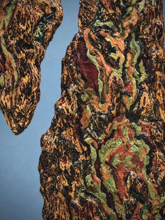 Eldra Red Fir bark diptych wall sculpture, primary front view.