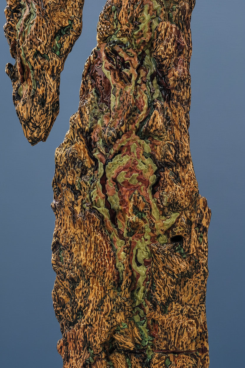 Eldra Red Fir bark diptych wall sculpture, full-length gallery view.