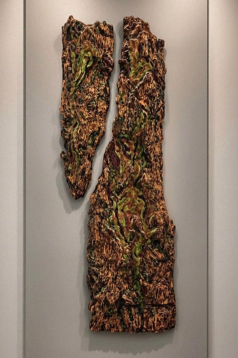 Eldra Red Fir bark diptych wall sculpture, editorial gallery view.