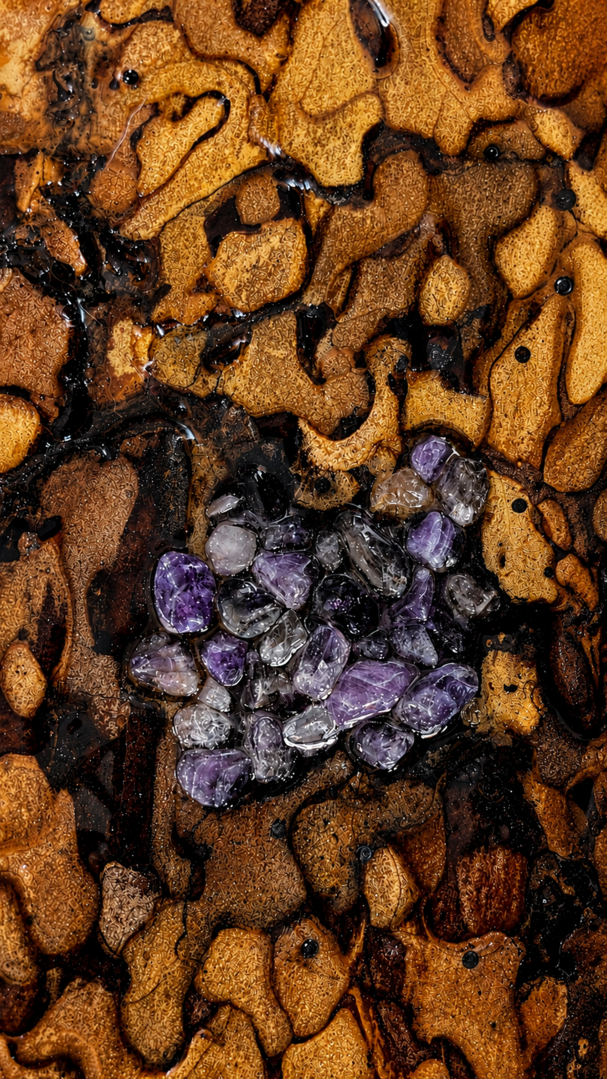 Macro detail of the amethyst cluster in the Gemini Ponderosa bark wall sculpture.