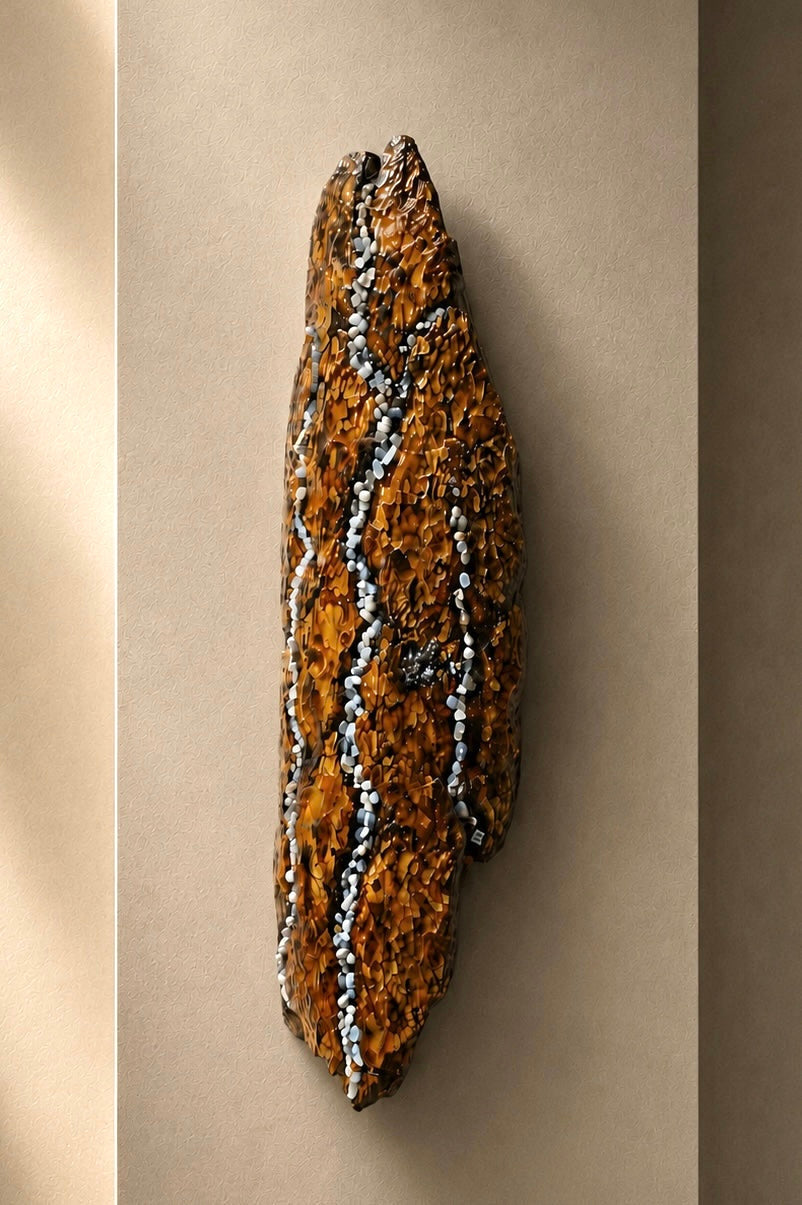 Editorial presentation of the Gemini Ponderosa bark wall sculpture.